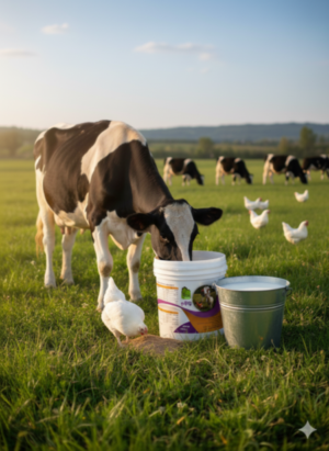 گاو حین مگازایم خوردن از سطل در چمنزار