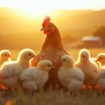 مرغ در کنار جوجه هایش جلوی نور آفتاب