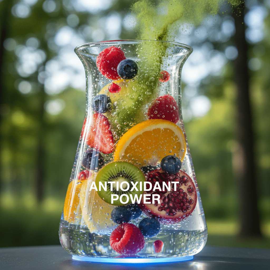 یک شیشه که میوه های آنتی اکسیدان دارد در دل طبیعت