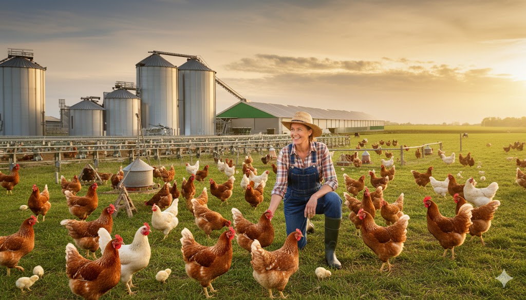 خانم مرغدار و مرغها با افزایش وزن مرغ گوشتی در مزرعه