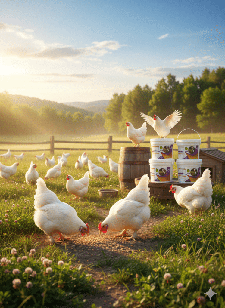 مگازایم در کنار مرغ گوشتی در طبیعت